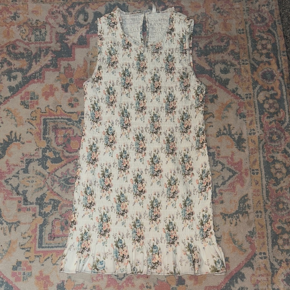 American Eagle Outfitters Cream Floral Smocked Mini Dress